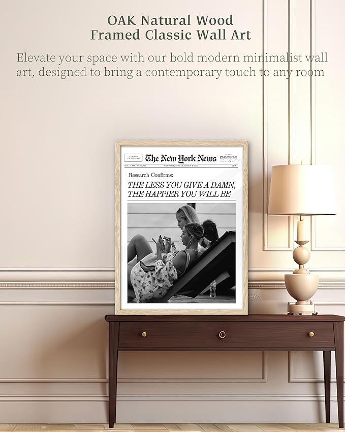 iHery Natural OAK Wood Newspaper Trendy Black White Framed Wall Art, Large 16x20 in Vintage Headline Beige Canvas Wall Art, The Less You Give a Damn, Set of 1 Apartment Bedroom Decor College Dorm