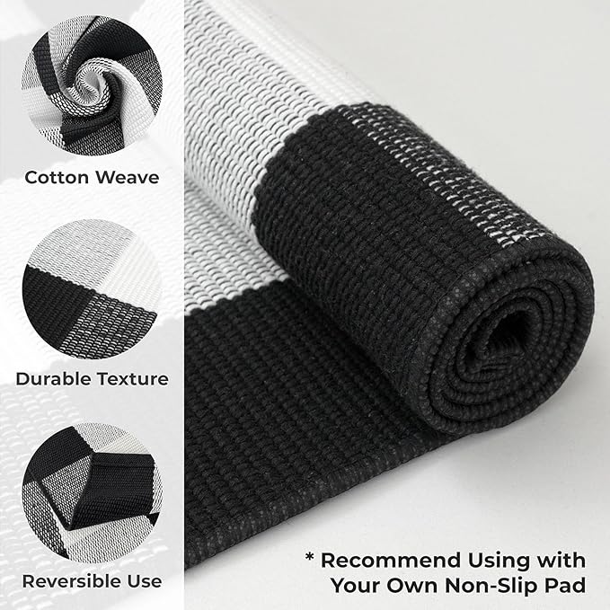 KOZYFLY Buffalo Plaid Area Rugs 27.5x43 Inches Black and White Checkered Rug Washable Front Door Mat Hand Woven Cotton Outdoor Rug Small Rug for Front Porch Kitchen Entryway Patio Bathroom