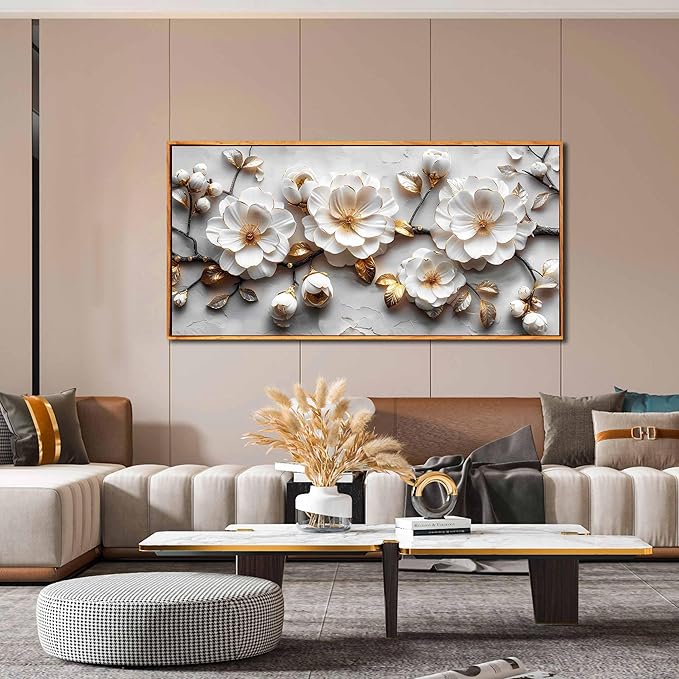 Ouzzlie White Flowers Wall Art for Living Room Floral Beautiful Pictures for Wall Nature Wall Decor Bedroom 24"x 48"