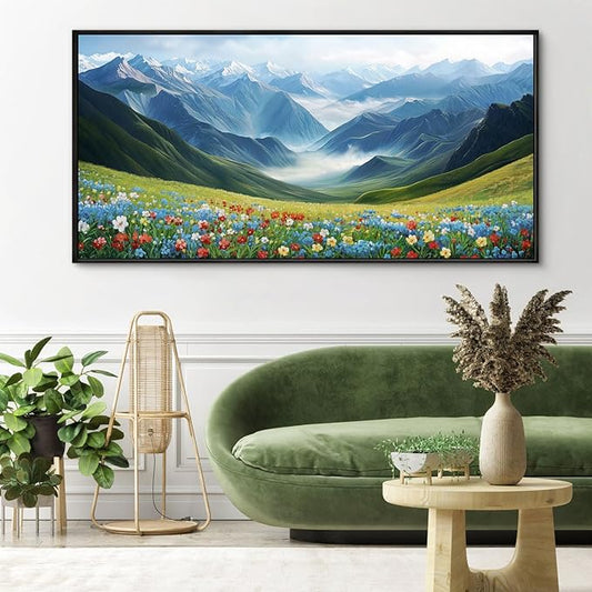KLAKLA Mountain Wall Art - Large Landscape Living Room Wall Decor Rustic Wild Daisies Misty Forest Snowy Mountains Canvas Picture Framed Artwork for Walls - 48x24 Inches