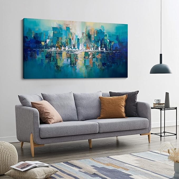 YDYSUNE Abstract Wall Art - Teal Canvas Wall Decor City Picture,Large Modern Artwork for Living Room Bedroom Office Decoration Green Home Decor Painting Size 24X48inch