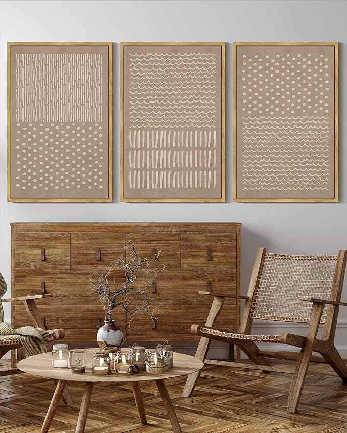 KUVIOKE Boho Mid-Century Modern Wall Art Framed Neutral Retro Minimalist Geometric Prints Rustic Bohemain Artwork Kitchen Dining Room 16x24in (Natural Framed)