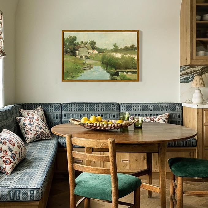 crmotu Vintage Framed Wall Art, Countryside Landscape Canvas Painting, River Cottage Green Scenery Art Prints, Bridge Boat Nature Rustic Farmhouse Wall Decor Living Room Bedroom Pictures 20x30in