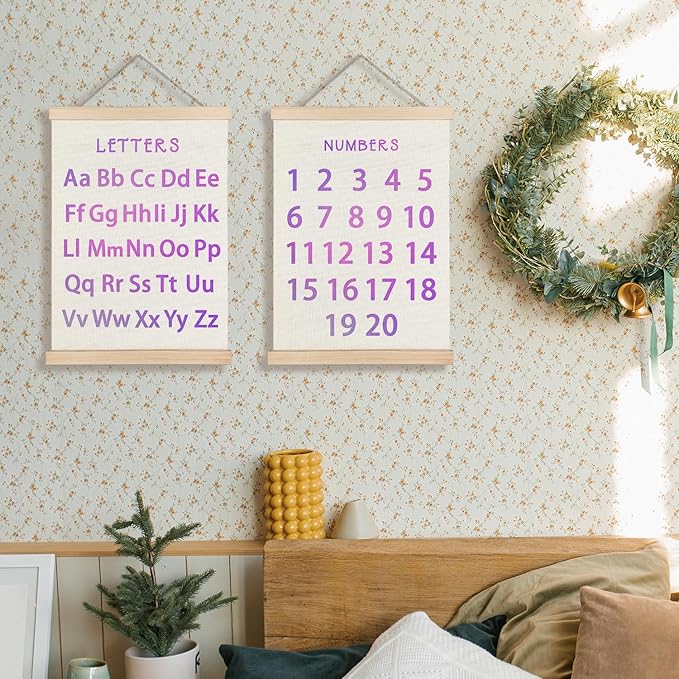Supwhd Classroom Wall Decor, Numbers and Alphabet Educational Wall Art Poster, Alphabet ABC Numbers from 1 to 20 Poster Wall Decor for Toddler Kids Room Playroom Classroom, 12x16 Set of 2（Purple）