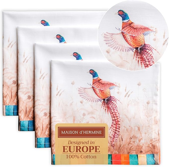 Maison d' Hermine Cloth Napkins Set of 4 100% Cotton Everyday Reusable Square Napkins Cloth Washable, Dinner, Party, Wedding, Restaurant (Faisan D'Automne, 20" x 20")