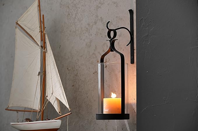 Hanging Hurricane Glass Wall Sconce Candle Holder Black Metal Wall Decorations HLJ15-291B