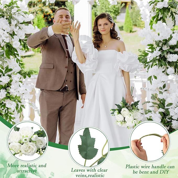 Geosar 2 Bundles Artificial Peonies Flowers Fake Silk Peony Bouquet Faux Peonies Flowers Bulk for Decoration Vase Florals Arrangements Wedding Party Table (White)