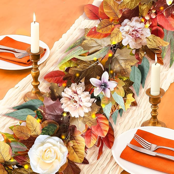 Fall Garland with Lights, 6 FT Fall Leaves Vine Garland with Pumpkins Sunflower Dahlia Flower Autumn Artificial Maple Leaf Decorations for Mantle Outdoor Indoor Thanksgiving Halloween Window Decor