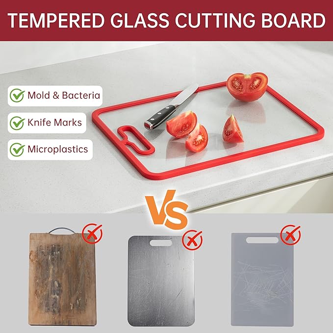 Glass Cutting Board for Kitchen, 2Pcs Tempered Glass Chopping Board with Non-Slip Edges, Dishwasher Safe Clear Cutting Board Set for Countertop, Heat & Shatter Resistant, (Red) 15"×11"