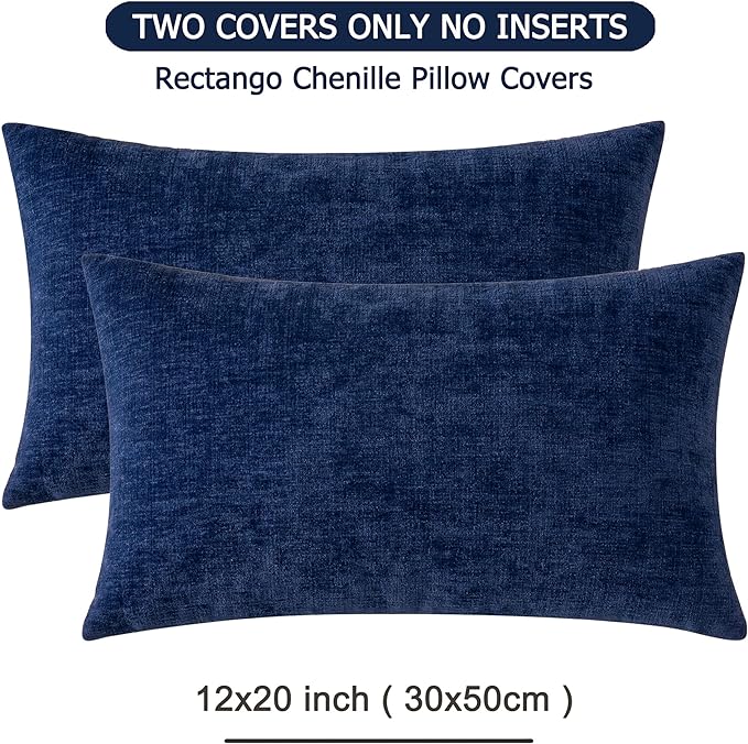 GAWAMAY Lumbar Support Pillow Decorative Rectangle Throw Pillow Covers 12"x20" Inch Set of 2, Soft Chenille Pillowcase for Living Room Bedroom Sofa Couch Cushion Cover Navy Blue 30x50cm (ONLY Covers)