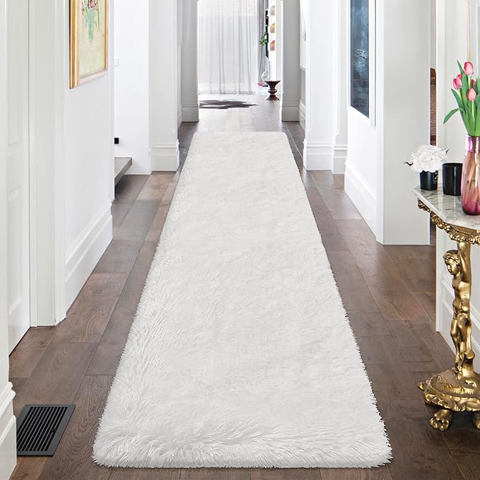 Runner Rug for Bedroom White 2x8ft Fluffy Area Rug Bedside Runner Rug for Kids Room Boys Teens Nursery Baby Living Room Dorm Home Decor Carpets