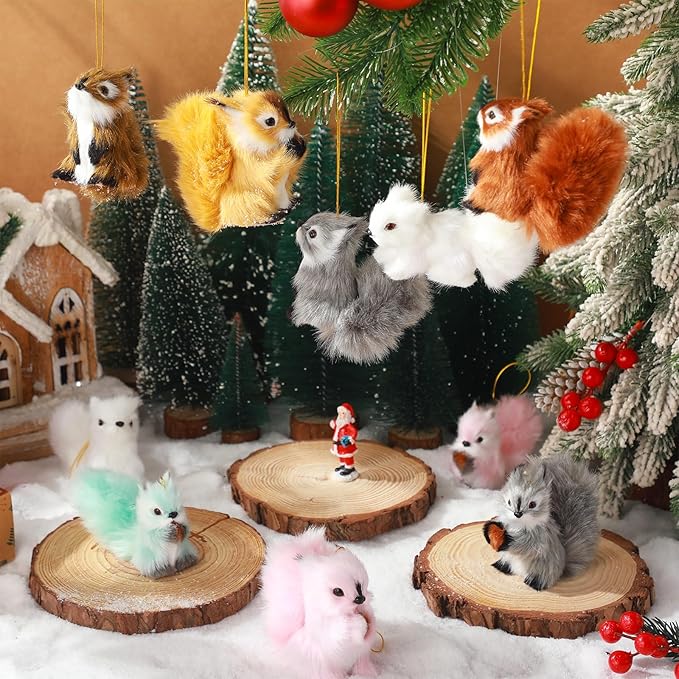 Skylety 10 Pieces Forest Animals Ornaments Woodland Animal Faux Fur Plush Hanging Ornaments Family Educational Playset for Fall, Christmas, Winter Birthday Party Supplies(Squirrels)