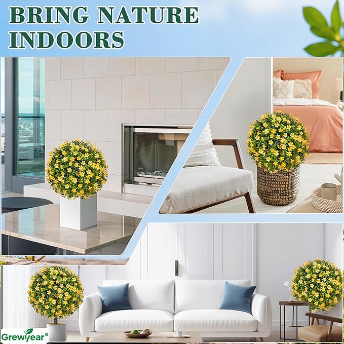 Fall Artificial Topiary Ball Trees with Spike Set of 2, Fall Faux Boxwood Plants for Outdoor Planters, UV Resistant Artificial Outdoor Shrubs, Fake Bushes for Porch, Garden, Patio Decor