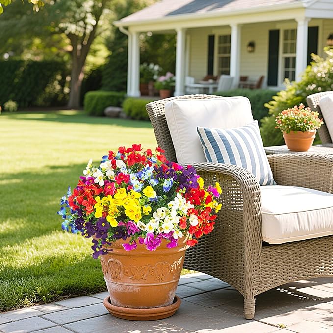 16 Bundles Artificial Silk Flowers Outdoor UV Resistant, Realistic Faux Plants for Spring Wedding Home Decor - Hanging Box Planter Garden Porch Patio Yard Decoration