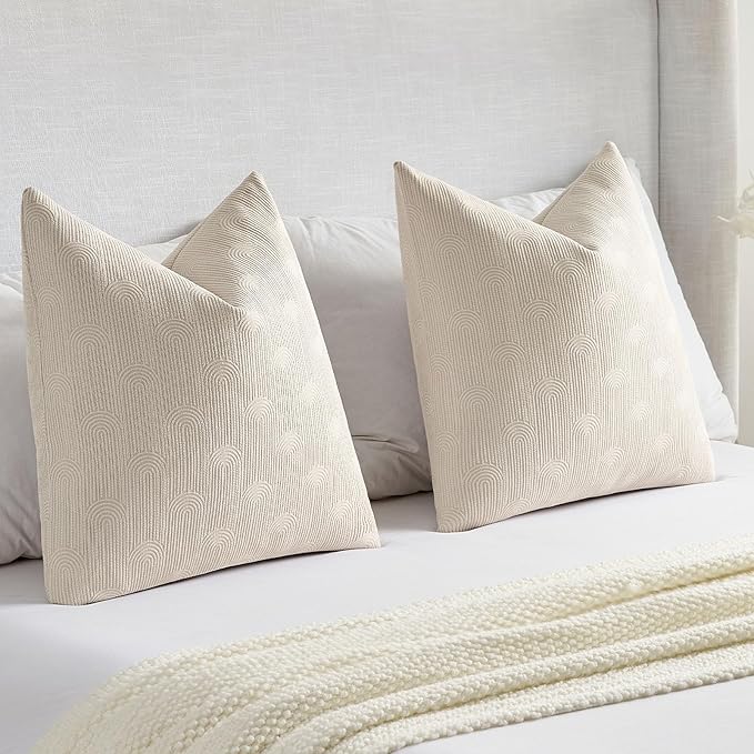 FUTEI Beige Chenille Decorative Throw Pillow Covers 16x16 Inch Set of 2,Soft Cozy Striped Geometric Patterns Cushion Case,Modern Home Decor for Couch Bed Living Room