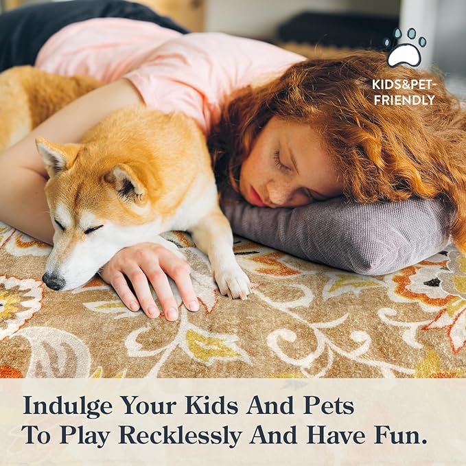 Lahome Floral Runners Rugs for Hallways - 2x6 Washable Non-Slip Kithcen Runner Rug Throw Soft Lightweight Bedroom Rug, Tan Paisley Print Modern Indoor Carpet Runner for Bathroom Laundry Room Entrance