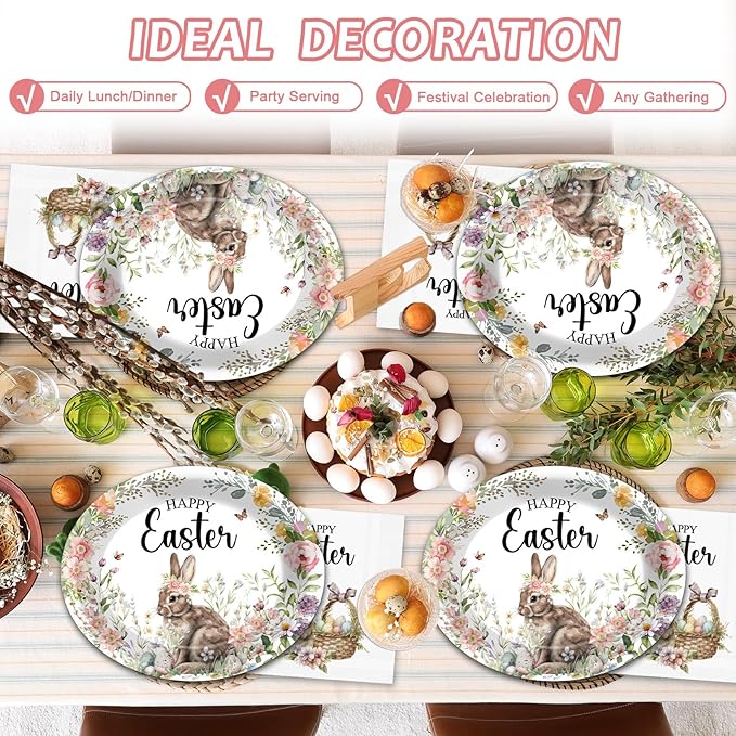 Happy Easter Oval Paper Plates Vintage Bunny Rabbit Flower Plates and Napkins Party Decorations Easter Floral Party Supplies 11inch Heavy Duty Dish Tray Dinnerware for Spring Picnic, 25 Guest