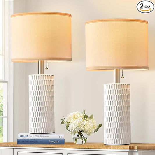 Table Lamps for Living Room Set of 2, Ceramic Table Lamps for Bedroom, 20" Modern Lamps for Night Stands, White