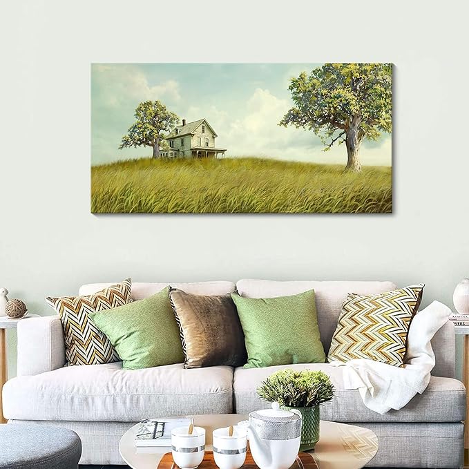 YCPRIMER Canvas Wall Art - Village Landscape Decor Retro Farmhouse Picture Yellow Tree Grassland Painting Artwork for Dinning Room,Living Room,Kitchen Decoration Size 24×48Inch