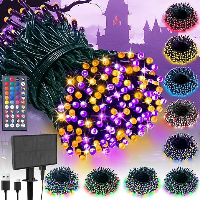 LitHome 100LED Solar Christmas Lights Outdoor, 33FT 34Colors Solar/USB String Lights Waterproof with Remote, 102 Modes Color Changing Halloween String Light Dimmable for Indoor Xmas Tree Party Decor