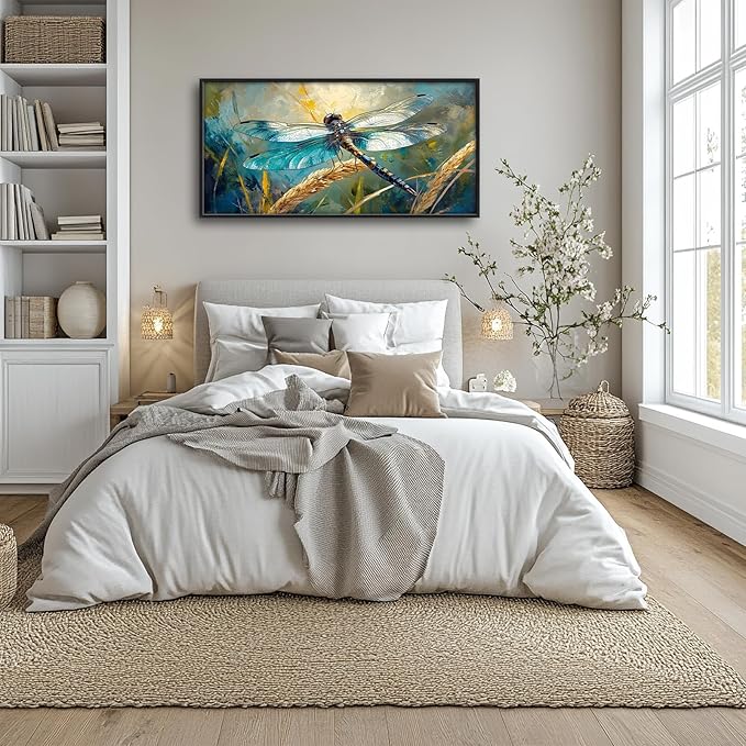 Olivine Dragonfly Wall Art, Vintage Dragonfly Pictures Wall Decor, Nature Painting, Insect Canvas Prints, Framed Artwork for Bathroom Bedroom Living Room Office Home Decoration 60"x30"