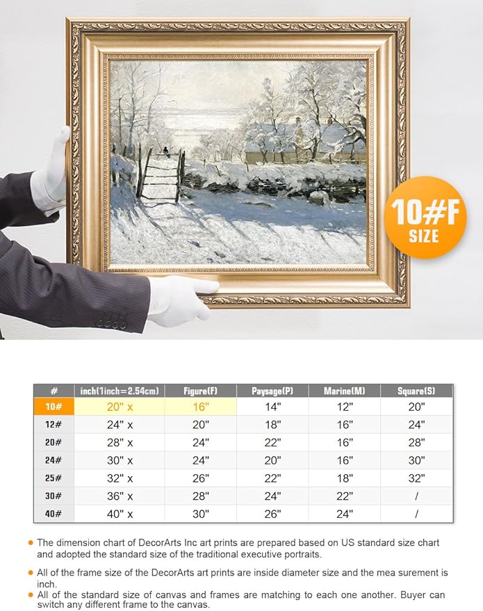 DECORARTS - The Magpie by Claude Monet. Classic Art Reproduction, Giclee Print on Canvas. Ready to Hang Framed Wall Art for Wall Decor. Total Size w/Frame: 26x22