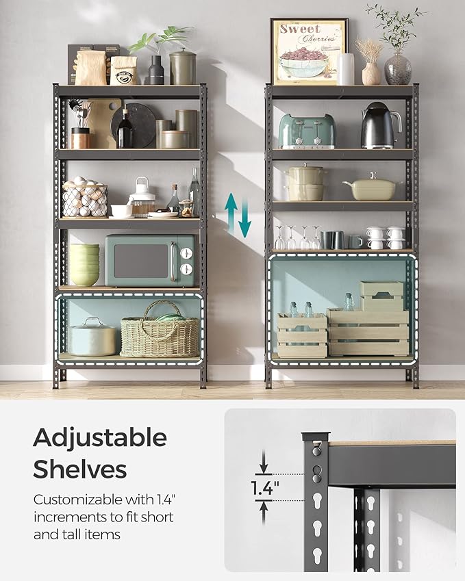 SONGMICS 5-Tier Storage Shelves, Load 2310 lb, Garage Storage, Boltless Assembly, Adjustable Shelving Unit, 17.7 x 35.4 x 70.9 Inches, for Study Shed Basement, Gray and Natural Beige UGLR450G01