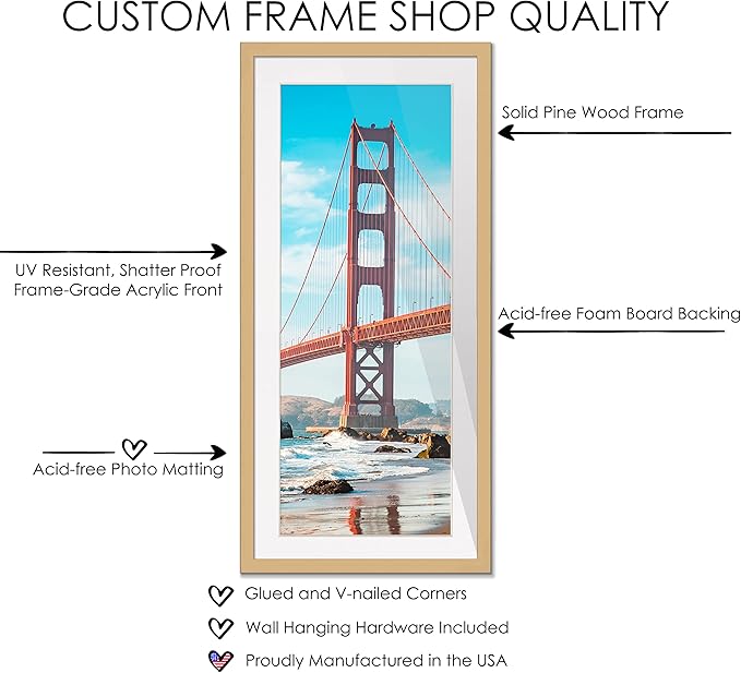 13x39 Frame Natural Wood with White Mat | 16x42 Frame Matted to 13x39 | Display Your Print Under UV Acrylic Shatter Guard Front, with Foam Board Backing and Wall Hanging Hardware - Wall Frame
