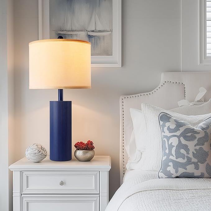 24.5" Blue Table Lamps Set of 2, Modern Living Room Touch Lamps with USB C+A Ports, 2 Bulbs Included, Table Light Fixture for Nightstand, Creative Stripe Bedside Lighting