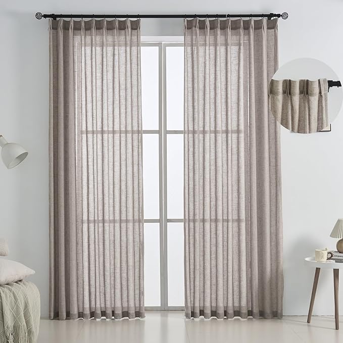 Dark Taupe Pinch Pleated Linen Sheer Curtains 108 Inch Extra Long 2 Panels, Brown Light Filtering Drapes for Living Room Dining, Sliding Glass Door Curtain with Rings & Hooks & Back Tab