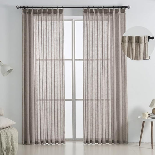 Dark Taupe Pinch Pleated Linen Sheer Curtains 102 Inch Long 2 Panels Set, Brown Light Filtering Drapes Floor to Ceiling, Sliding Glass Door Curtain with Rings & Hooks & Back Tab