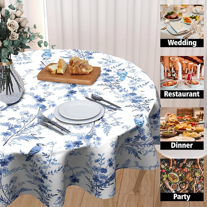 Blue Floral Round Tablecloth 60 Inch Chinoiserie Flowers Table Cloth Round Vintage Farmhouse Tablecloth Spring Blue White Floral Washable Round Table Cover for Home Picnic Dinner Table Decoration