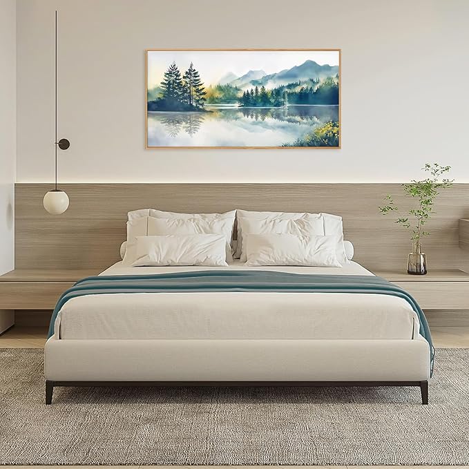 HPNIUB Large Green Mountain Framed Canvas Wall Art Set, Nature Foggy Forest Lake Reflection Wall Decor,Modern Pine Tree Artwork,Watercolor Landscape Art Print for Living Room,Bedroom,Office-20 x40