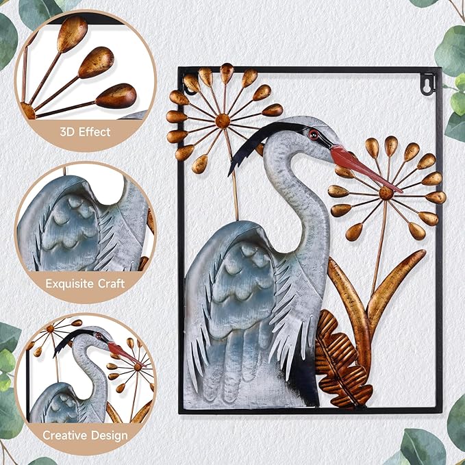 Ratuor Metal Bird Wall Art 3D Heron Wall Sculpture 16 Inch Outdoor Decor Hanging Crane Wall Decoration for Living Room Garden Bedroom Office Home Housewarming Party Vivid Color