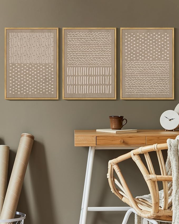 KUVIOKE Boho Mid-Century Modern Wall Art Framed Neutral Retro Minimalist Geometric Prints Rustic Bohemain Artwork Kitchen Dining Room 12x16in (Natural Framed)