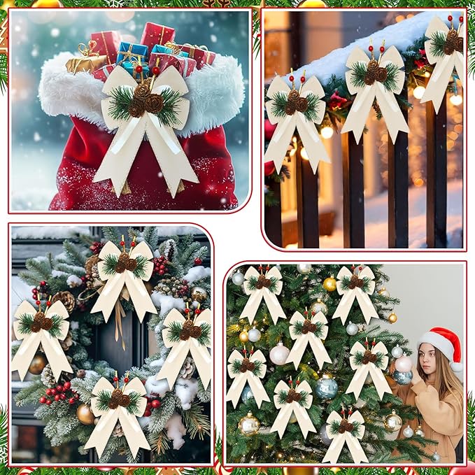 Syhood 6 Pcs Christmas Velvet Bow with Pine Cones Pine Needles Berries Xmas Champagne Ribbon Bow Ornaments 6.3 x 5.1 Inch for Christmas Tree Wreath Garden Fireplace Crafts DIY Decor