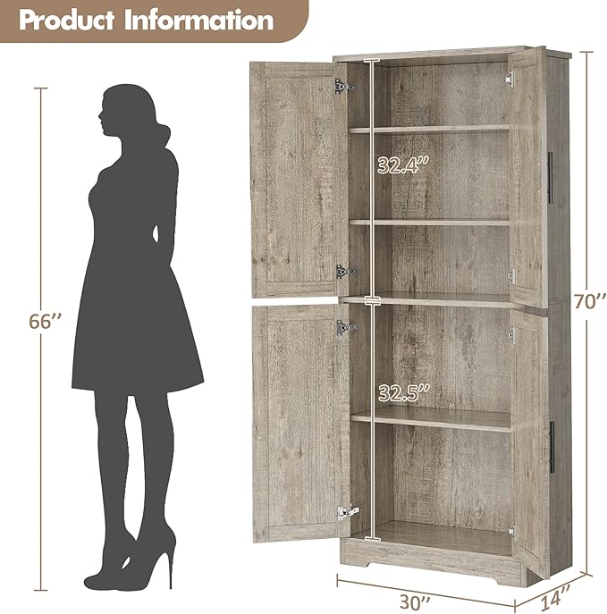 GarveeHome 70 Inch Tall Kitchen Pantry Cabinet, Freestanding Storage Cabinet with 4 Doors and Adjustable Shelves, Utility Hutch Cupboard for Dining Room, Bathroom, Living Room (Style A, Gray)