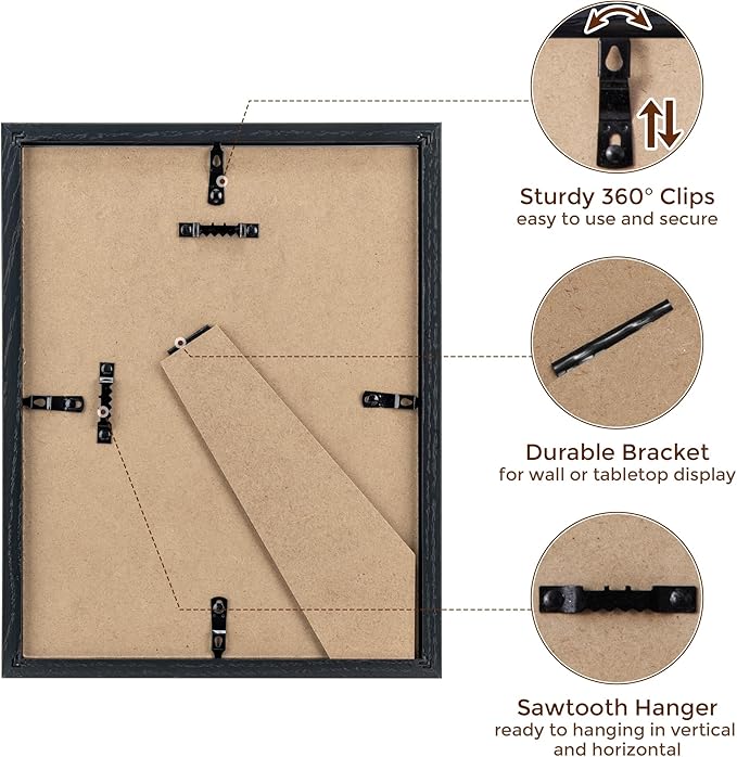 Fun Memories Solid Oak Wood Frame 8.5x11 With Real Glass - Display Poster 6x8 With Mat or 8.5x11 Without Mat - Wall Display Photo Frames, Black Color, 3 Pack