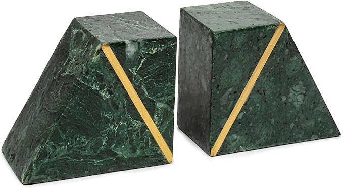 Cork & Mill Marble Bookends, Heavy Book Ends for Shelves, Handcrafted Solid Marble Bookshelf Decor, Decorative Green Book Stoppers with Gold Brass Accent, Non-Skid Bottom, Set of 2