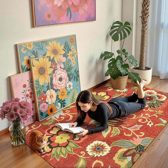 Lahome Floral Machine Washable Fall Rug - 3x5 Area Rug Non-Slip ‎Stain Resistant Kitchen Rugs Soft Throw Low-Pile Rug for Bedroom, Accent Paisley Print Floor Carpet for Living Room Entryway Office