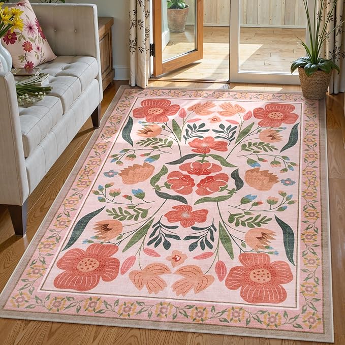 Beeiva Beige Area Rug 5x7, Soft Floral Room Rugs for Bedroom Non Slip, Ultra-Thin Low Pile Floor Flower Carpet for Classroom Nursery Girl Room Décor (Beige,5'x7')
