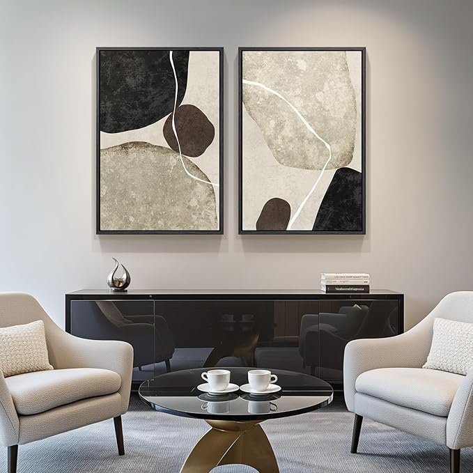 Large Framed Neutral Abstract Wall Art Set of 2, Modern Black Beige Brown Canvas Prints Paintings Artwork for Walls, Minimalist Stone Shape Pictures for Living Room Dining Bedroom Wall Decor 24x36 In