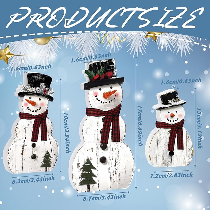 Barydat 3 Pcs Snowman Christmas Decor Winter Wooden Table Decorations, Rustic Snowman Table Centerpieces Block Sign for Xmas Holiday Party Indoor Home Kitchen Office Room Decorations
