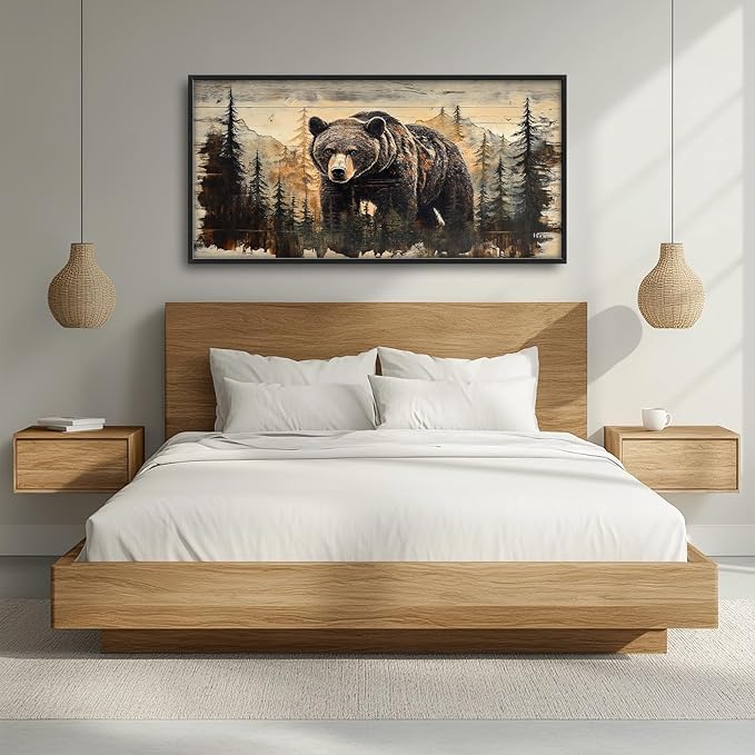 Cabin Wall Art for Living Room, Brown Bear Canvas Wall Decor, Large Wildlife Animal Pictures Framed Painting, Natural Landscape Artwork for Bedroom Office Home Decor 60L'' × 30W''
