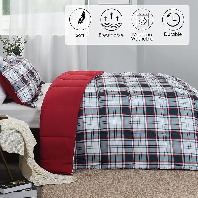 Beyond Basic King Size Comforter Set - Black & Red Striped, Lightweight Down Alternative King Set (Red/Black)