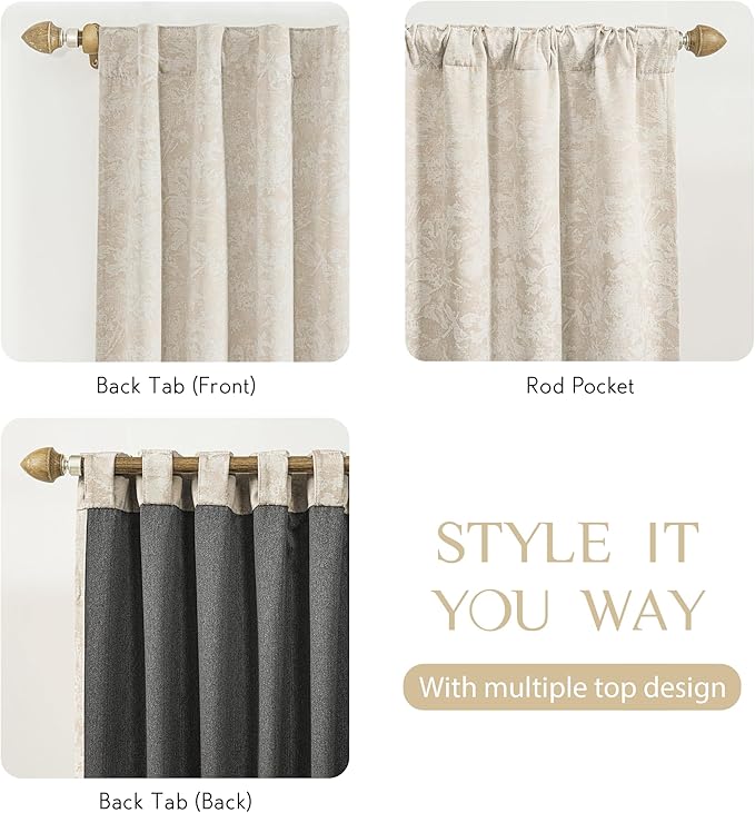 Beauoop Beige Floral Jacquard Blackout Curtains 63 Inches Long 2 Panels for Bedroom Living Room Chenille Flower Room Darkening Thermal Soundproof Rod Pocket Back Tab Window Treatments Drapes, 52x63