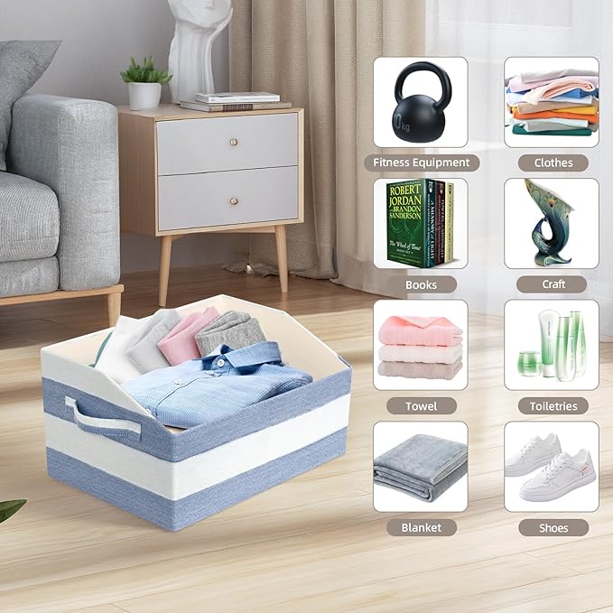 Linen Closet Organizers and Storage, Trapezoid Fabric Bins, Home Office Organization Baskets Striped Collapsible Box with Handles for Clothes, Blanket, Books, DVD, 4 Pack, Blue/White