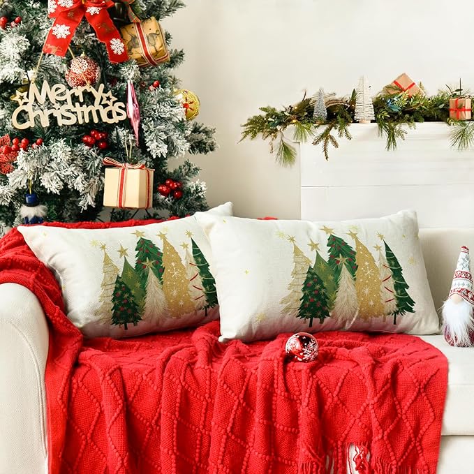 AVOIN colorlife Christmas Trees Star White Throw Pillow Covers Set of 2, 12 x 20 Inch Snowflake Seasonal Winter Holiday Cushion Case Decoration for Sofa Couch