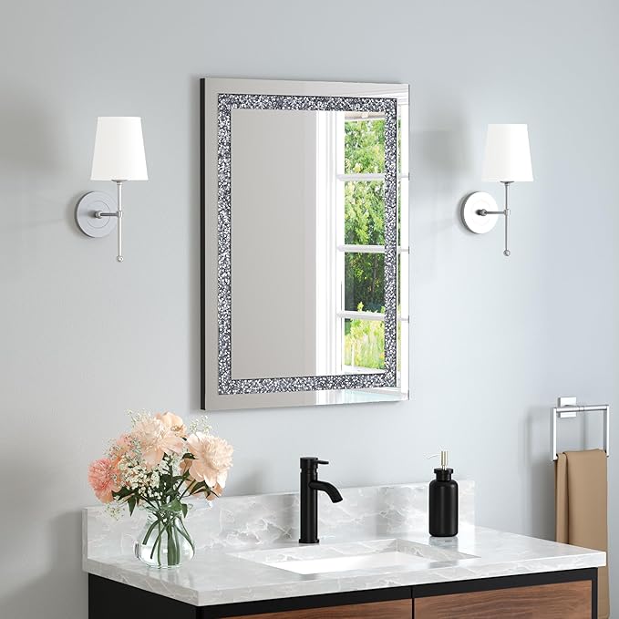 Crystal Decorative Mirror-16 x24 Rectangle Gorgeous Silver Mirror, Crush Diamond Mirror for Wall Decoration Bedroom, Hallway, Dining Room
