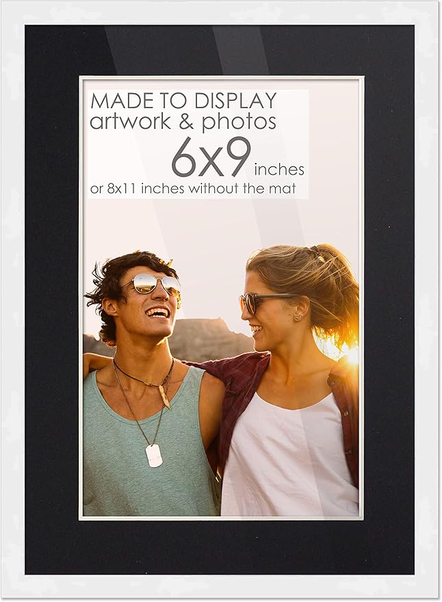6x9 Frame White Wood with Black Mat | 8x11 Frame Matted to 6x9 | Display Your Picture Under UV Acrylic Shatter Guard Front, with Foam Board Backing and Wall Hanging Hardware - Solid Wood Frame